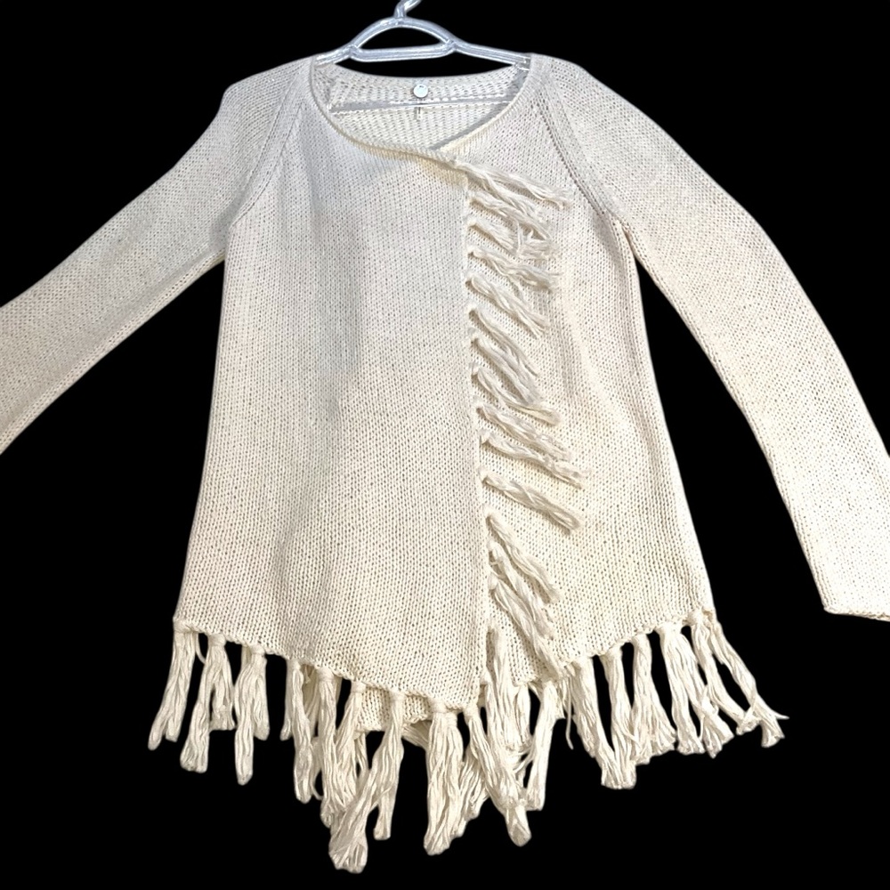 Margaret O’Leary White Knit Cardigan Fringe Boho Front Artisan Sweater Large